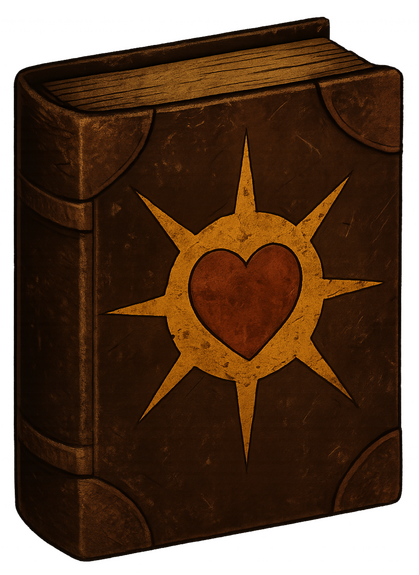 Sun Heart Books An ancient tome with a sun-heart emblem embossed on its cover.